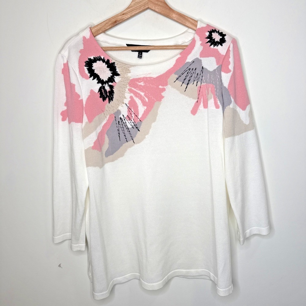 Ming Wang Round Neck Embroidered Floral Knit Top L 3/4 Sleeve Modest Art To Wear